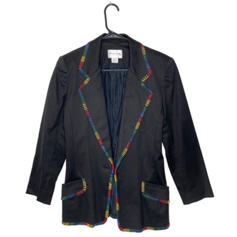 Emanuel Ungaro Blazer Womens 14 Black Wool Rainbow Stitch Detail Made in USA Y2K
